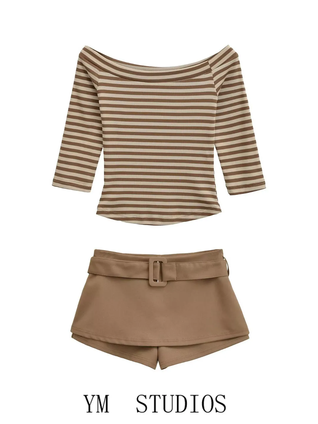 

American Stripe Style One Shoulder mid Sleeve T Shirt Top Short Set Fashionable Women's Clothing High Waist Shorts Casual Wear