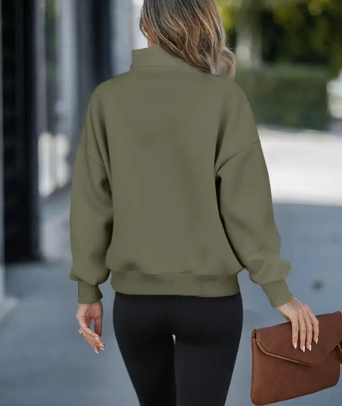 Women's Sweatshirts 2025 Spring Autumn New High Neck Half Zip Long Sleeve Kangaroo Pocket Sweatshirt Casual Drop Shoulder Top