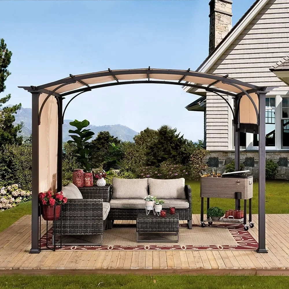 Outdoor Pergola 9.5 x 11 ft. Steel Arched Pergola with Adjustable Canopy for Patio, Backyard and Garden Activities, Tan & Brown