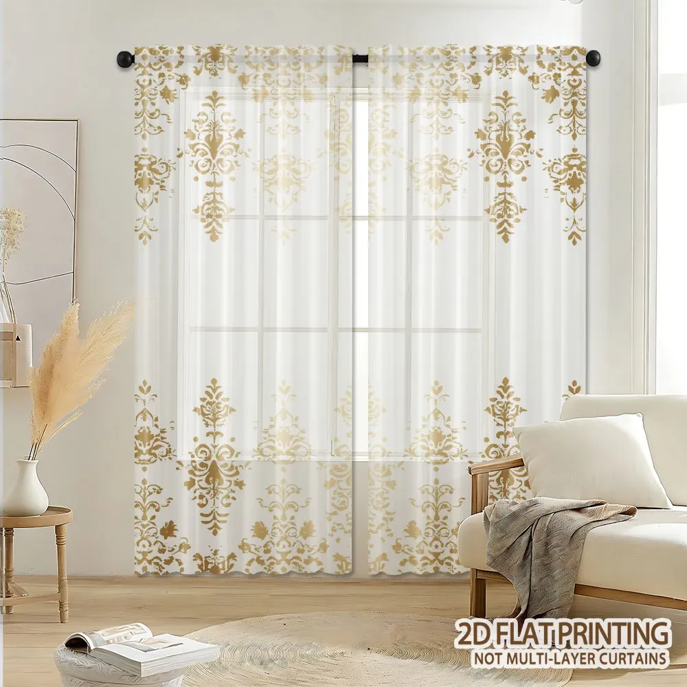 2PCS palace style golden transparent curtains, filter and breathable, suitable for living rooms, bedrooms, kitchens, pole style