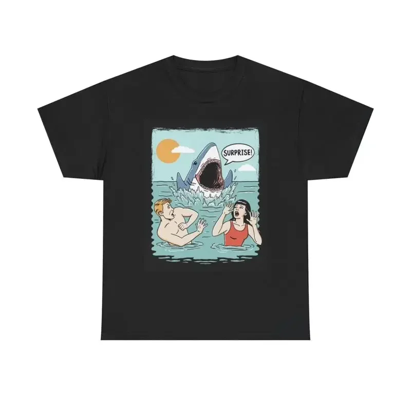 Shark Surprise T Shirt Funny Cartoon Retro Art Heavy Cotton
