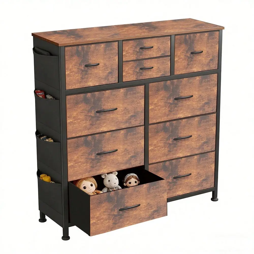 10Drawer Dresser With Side Pocket Hooks, Storage Cabinet With Wood Top For Bedroom Closet Organization