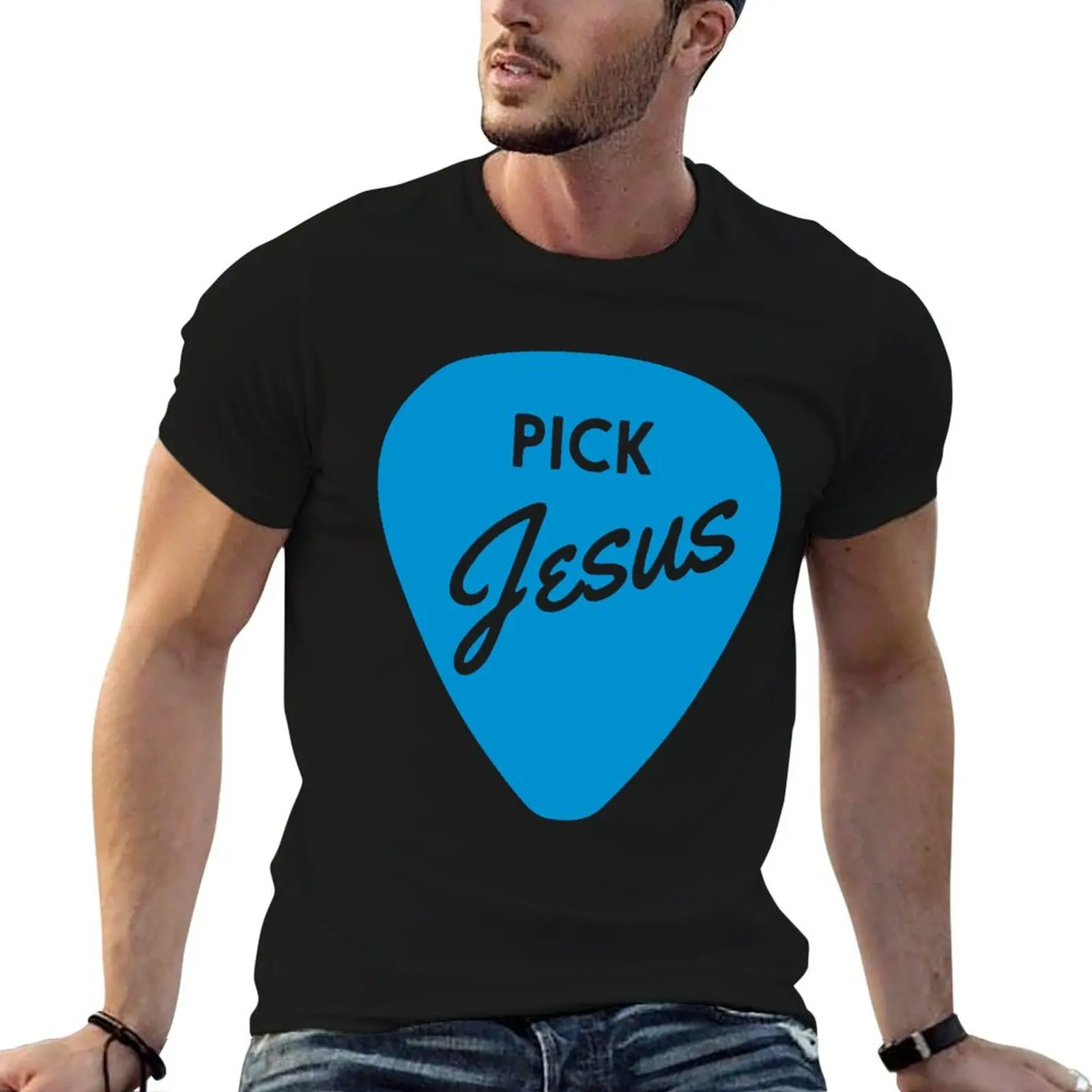 Pick Jesus, guitar pick, Christian Clothing T-Shirt topping graphics mens fashion