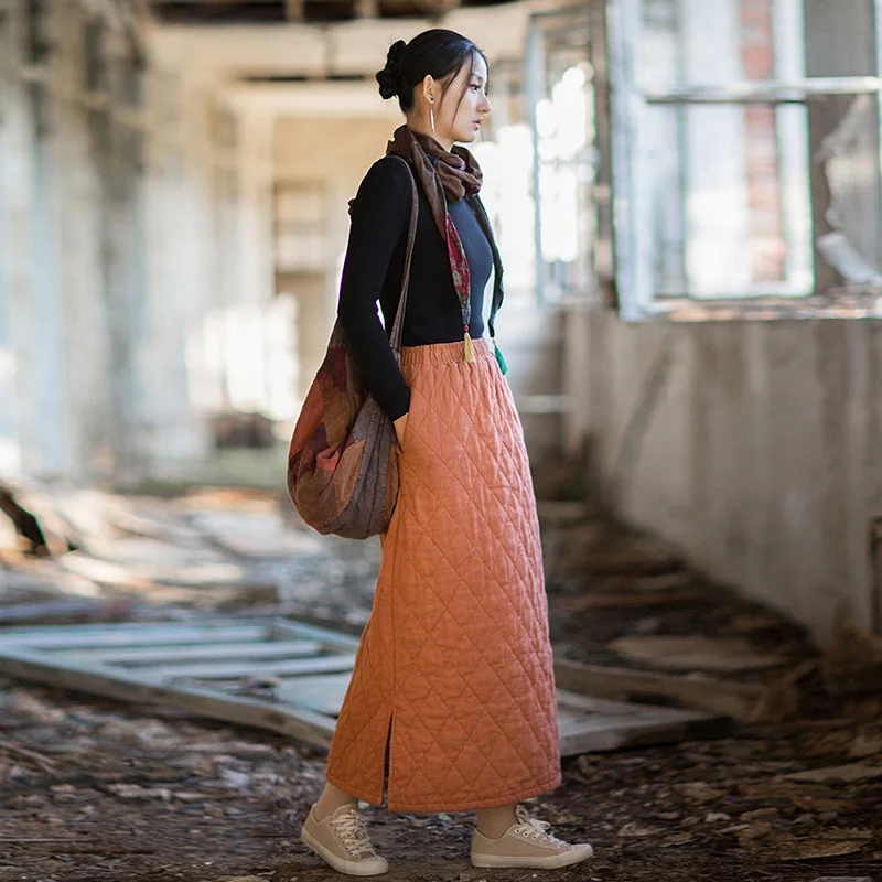 Gonne in cotone ramiè invernale da donna vintage stile A Vita elastica a vita alta 2025 Gonne lunghe spesse calde in cotone stile cinese più