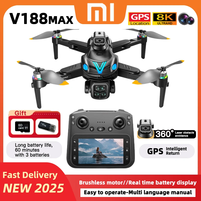 

Xiaomi V188 MAX 8K Drone Brushless Anti Drop Four Axis Long-Range Obstacle Avoidance Quadcopter Remote Controlled Aircraft Drone