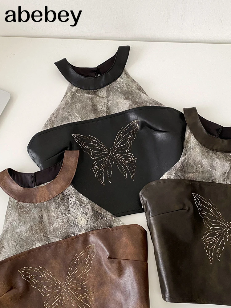 

Женский сексуальный клубный топ из искусственной кожи в американском стиле ретро, сетчатая майка с бисером, уличная одежда Y2K, винтажный укороченный топ с бабочкой