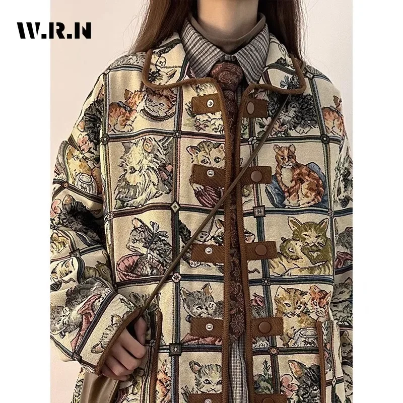 2023 Winter Female Vintage Style Single Breasted Loose Jacket Women Turn Down Collar Animals Print Fashion Retro Baggy Coat