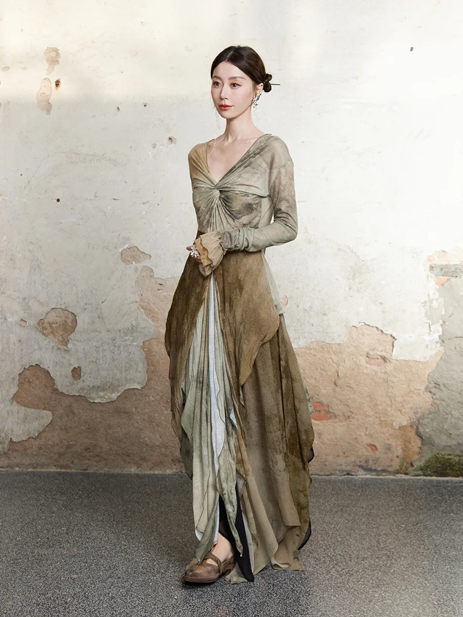 

ONMOON Autumn V-ne Long Sve Silk T-irt 2024 Thin Knot Fairy Sle Knitted irt Ele Slim Fit Printed Ladies Top