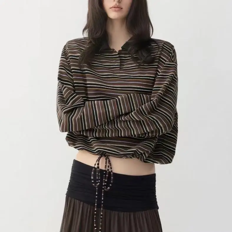 Stripes Drawstring Hem Long Sleeves T-shirt Women Y2k Vintage Polo Casual Top Korean Hem Color Block Loose Shirt New Arrival