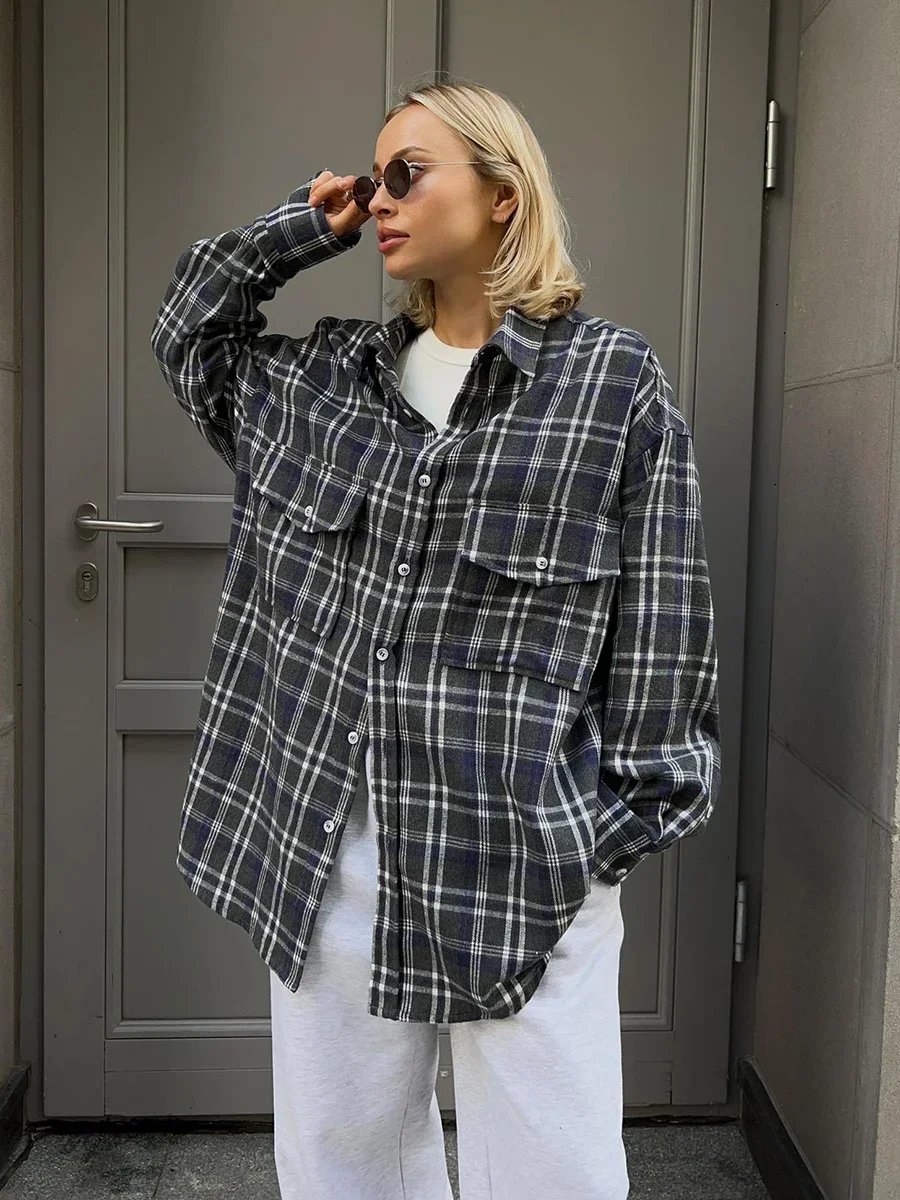 Bornladies 2024 Vintage Loose Plaid Women\'S Shirt Fashion Lapel Long Sleeve Office Lady Shirts And Blouses Tops Female Clothing