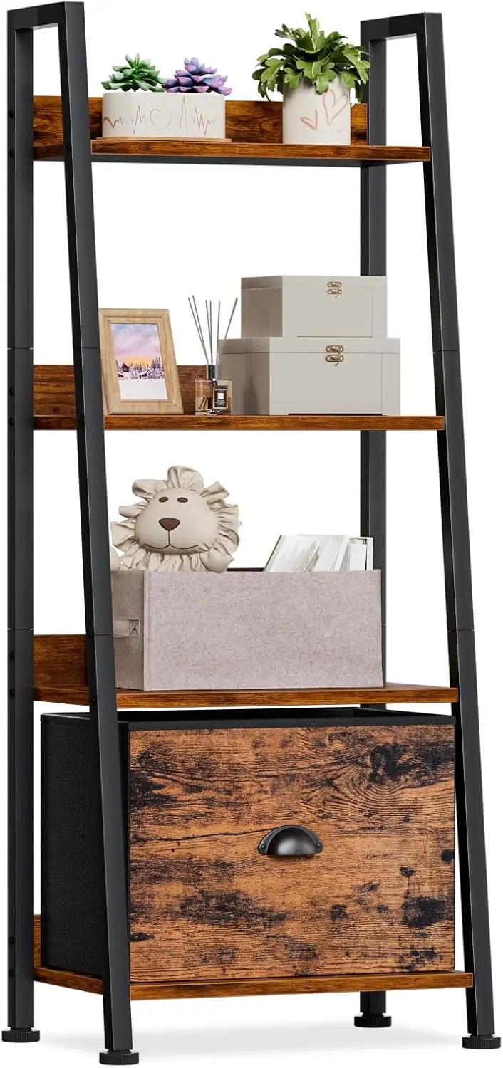 

4-ярусная лестничная полка со съемным ящиком, деревенский книжный шкаф-органайзер для гостиной, домашнего офиса, спальни