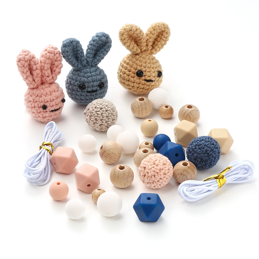 New Silicone Beads Round Wood Cotton Woven Animal Focal Beads Set DIY Keychain Pacifier Chain Accessories For Jewelry Making