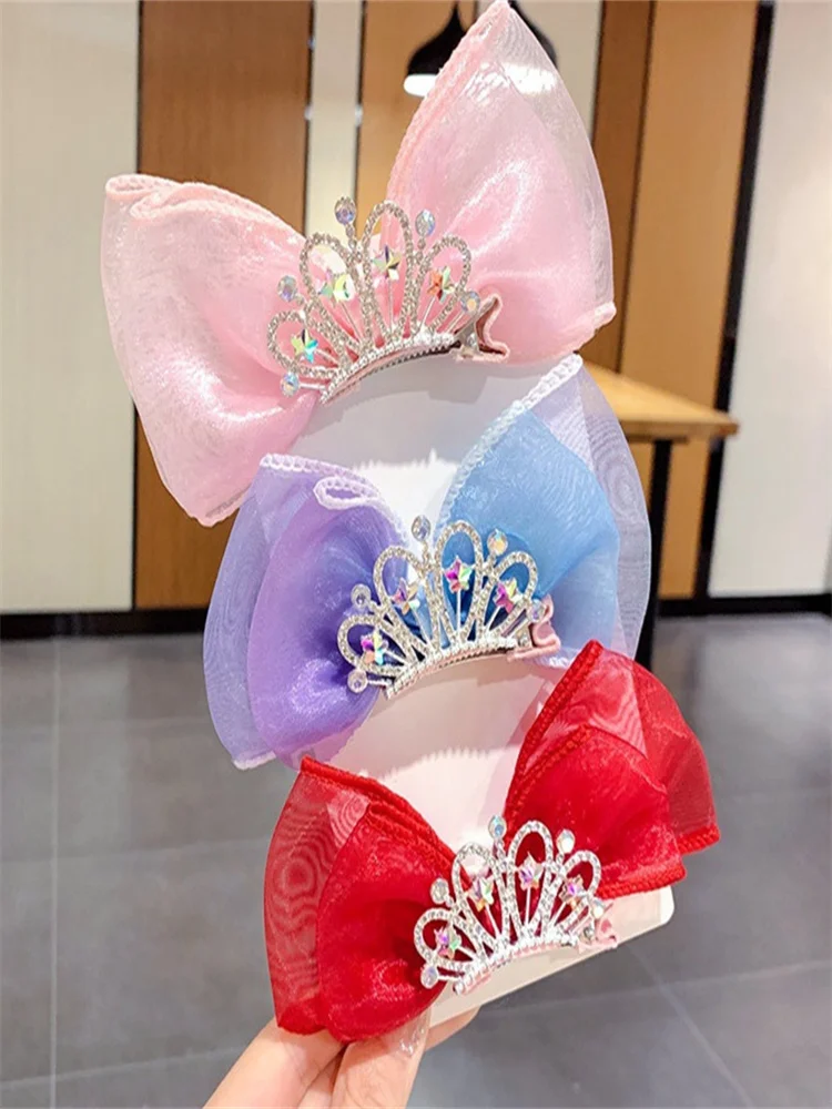 Children Hair Accessories Princess Style Korean Crown Tiara Little Girl Three-Dimensional Mesh Bow Hairpin Wholesale