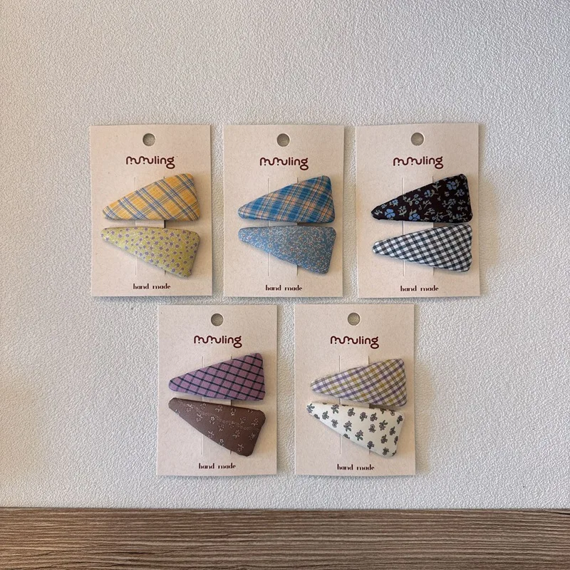 2PCS Cute Triangle Fabric Hair Clips Floral Plaid Bangs Side Barrettes Kids Girls Hair Accessories