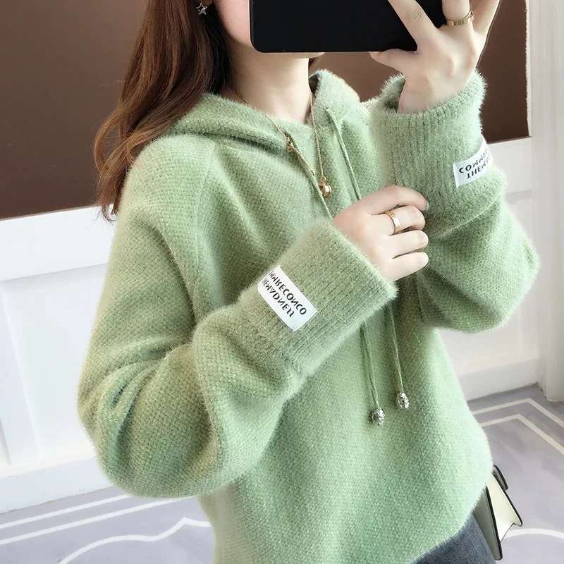 Knitted Hoodies Women 2022 Autumn Winter Korean Long Sleeve Sweater Hooded Sweatshirt Female Pullover Blue Knitwear Fuzzy Tops