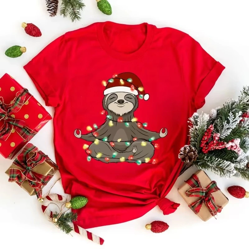 Christmas Sloth Print Women Tee Short Sleeve Funny Round Neck Soft and Comfortable Fabric Casual Summer Women Simple Stylish Tee
