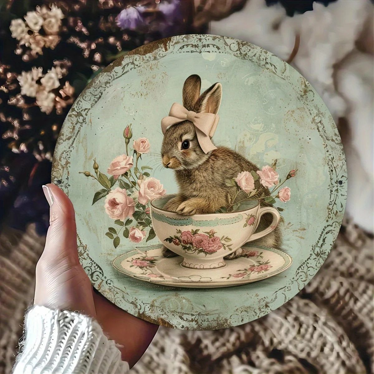 Home Relaxation] Vintage Humorous Rabbit And Teacup Wall Art - with Rust-Resistant Coating, Easy to Hang - Perfect for Home, Caf