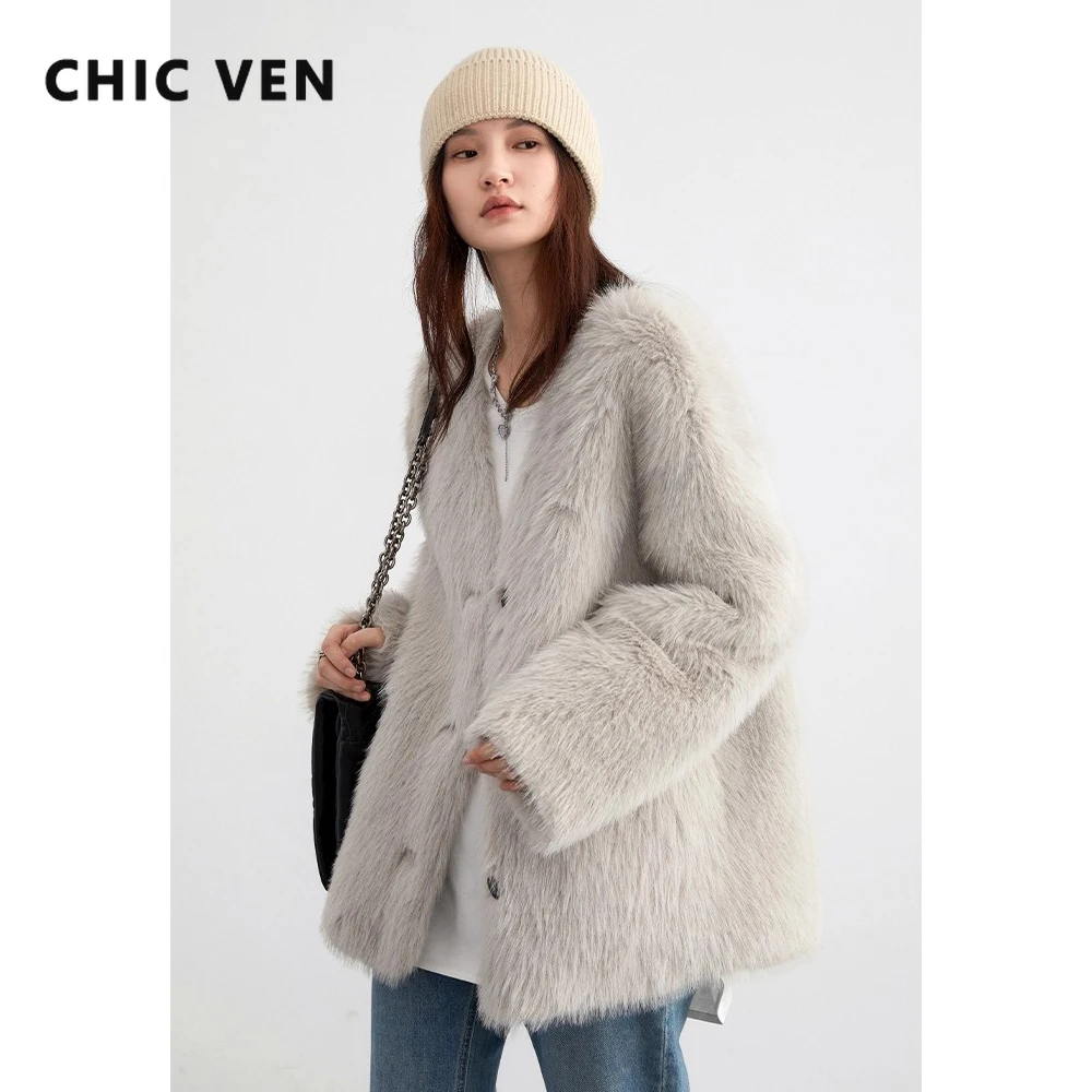 

CHIC VEN Women Jackets Ins Hot Fashion Girls Oversized Faux Fur Coat Loose Solid V-neck Plush Warm Ladies Autumn Winter 20245