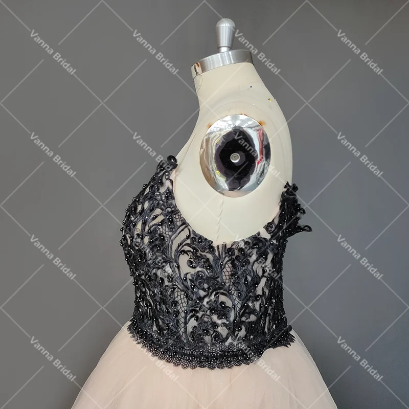 Vestido de novia de tul esponjoso, dos tonos, negro, apliques, tallas grandes, envío directo, tirantes finos, botones, espalda descubierta