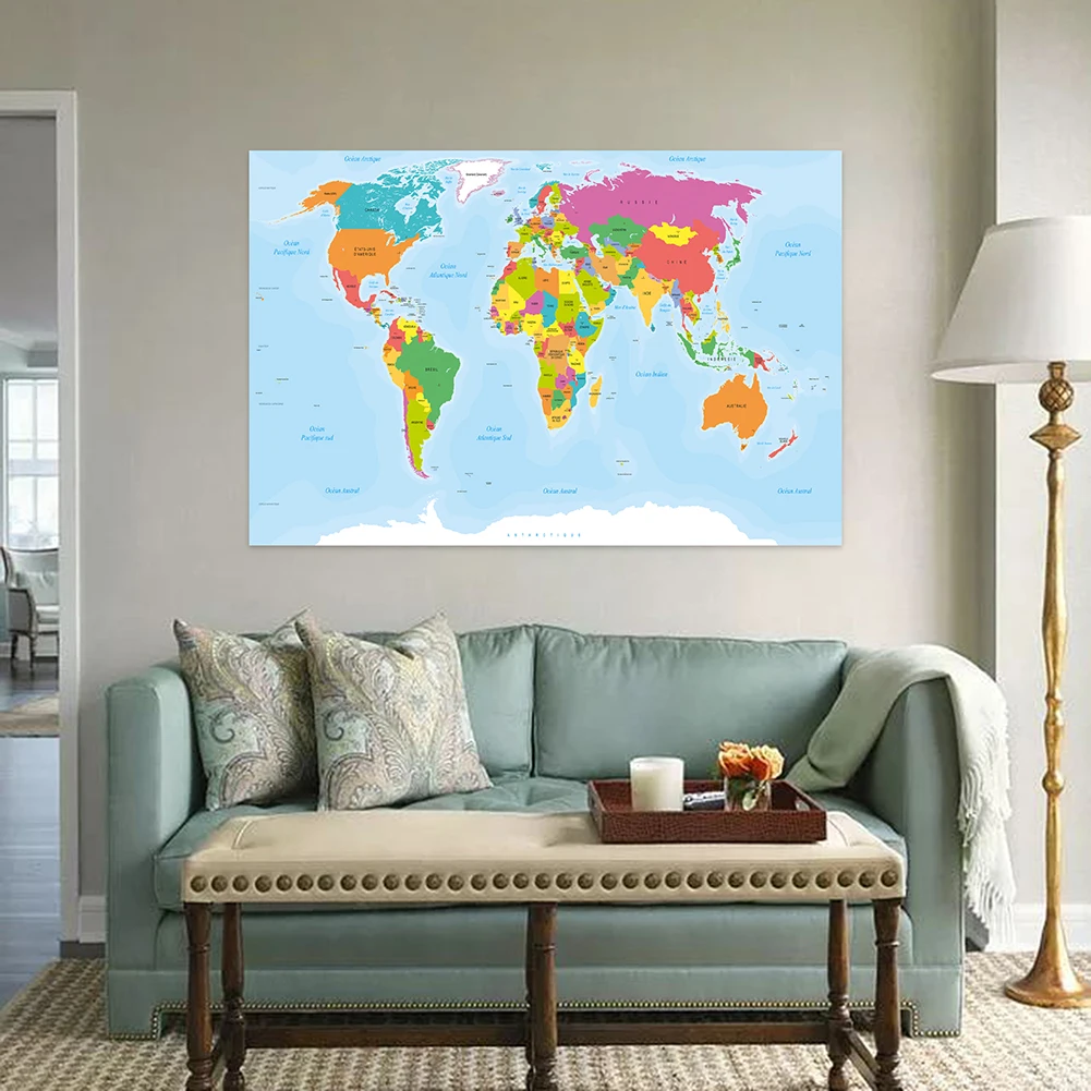 Imagem -05 - Cartaz de Parede do Mapa do Mundo para Crianças Pintura em Lona Não Tecida Escritório e Sala de Estar Decoração Material Escolar 225*150cm