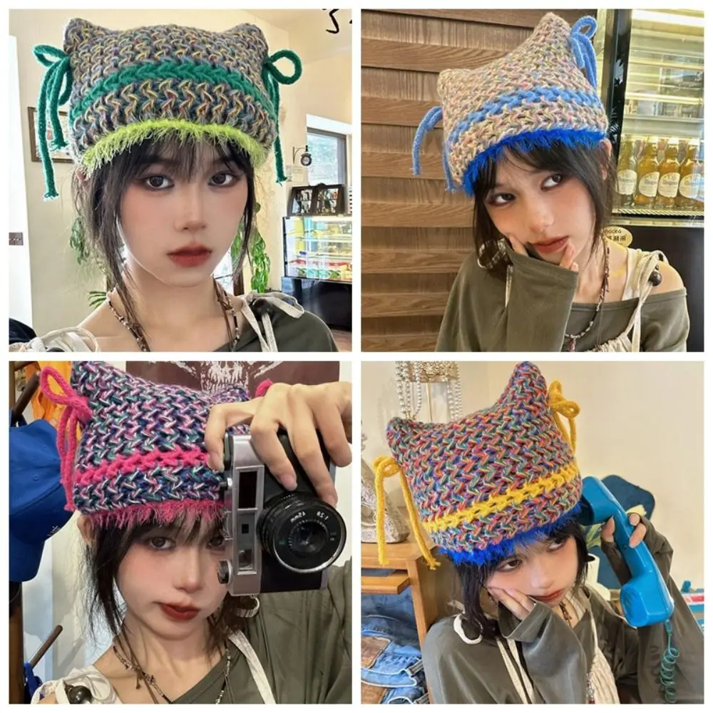 

Trendy Striped Woolen Hat Womens Bow Knot Bini Cap Knitted Hat Y2K Vintage Beanies Cap Spring Summer