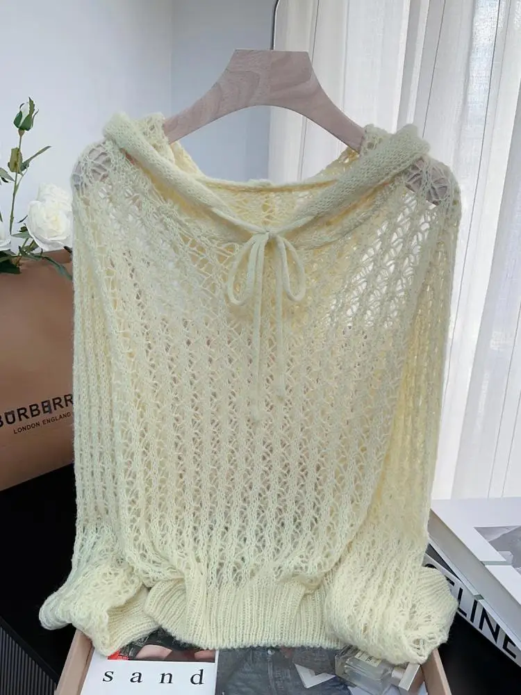 

Французские женские однотонные короткие пуловеры с капюшоном на шнуровке, свитера, осень 2023, праздничный трикотаж с длинными рукавами, топы, простота