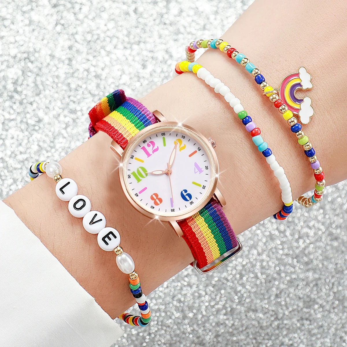 4PCS/Set Women's Watch Casual Nylon Band Analog Quartz Watches Love Beads Bracelets Set