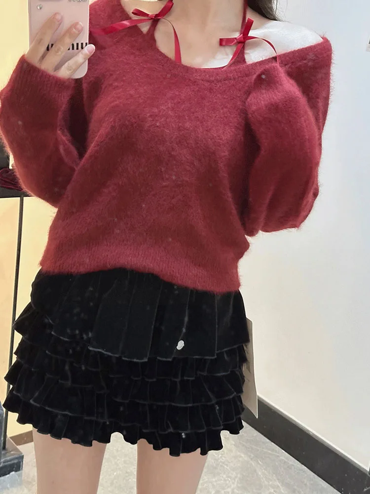 Harajuku Red Knitted Pullovers Women Long Sleeve Autumn Winter Slash Neck Bow Off Shoulder Sweater Korean Christmas High Street