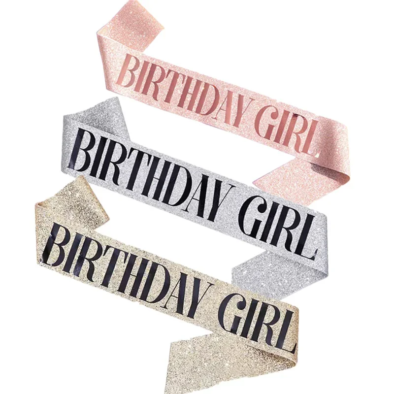 Birthday Pink Rose Gold Party Shoulder Strap Girdle Supplies Birthday Girl Silver Glitter Satin Sash Women Princess Scarf Decora