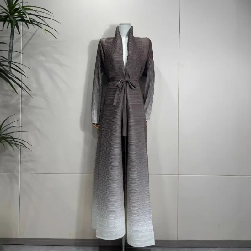 SMVP Pleated Women Large Size Trench Coat Gradient Color Original Design Lapel Long Sleeve 2025 New Arabic Luxury Female Robe