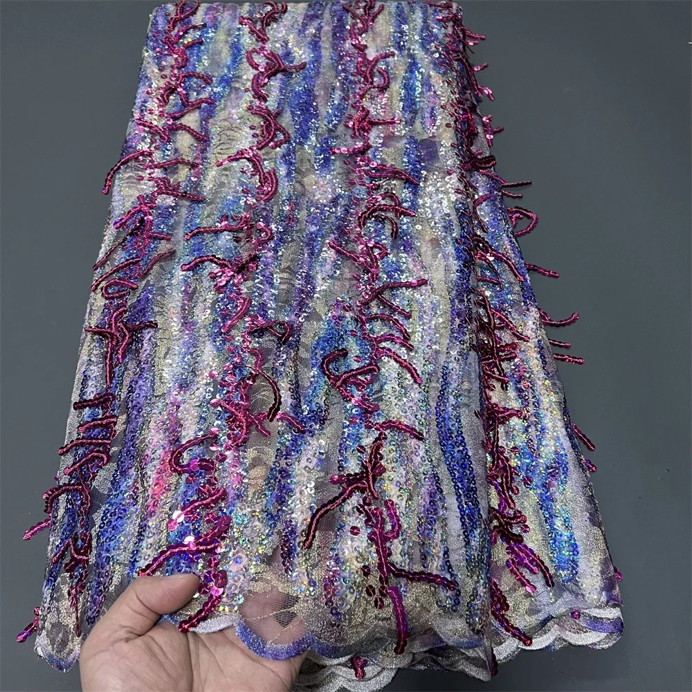 

High-Quality 2025 African Nigerian Sequins Embroidery Tulle Lace Fabric Sewing Beads Stone for Prom Dresses PS0085 5Yards