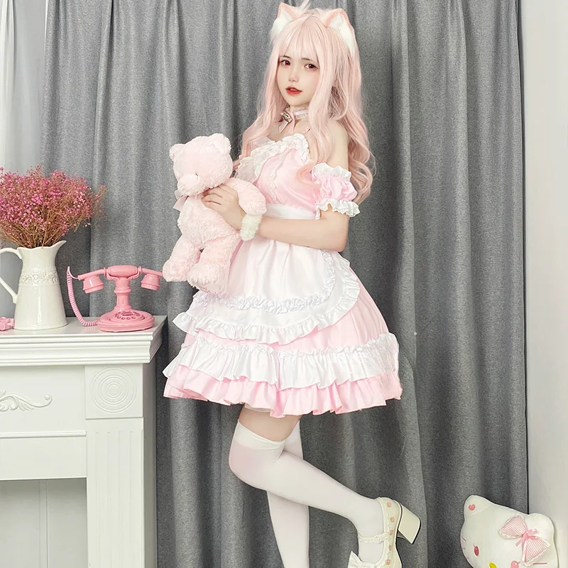 Abito Lolita dolce giapponese Anime Cat Girl Plus Size cameriera Costume Cosplay di Halloween Ruffles rosa abiti da festa principessa Kawaii