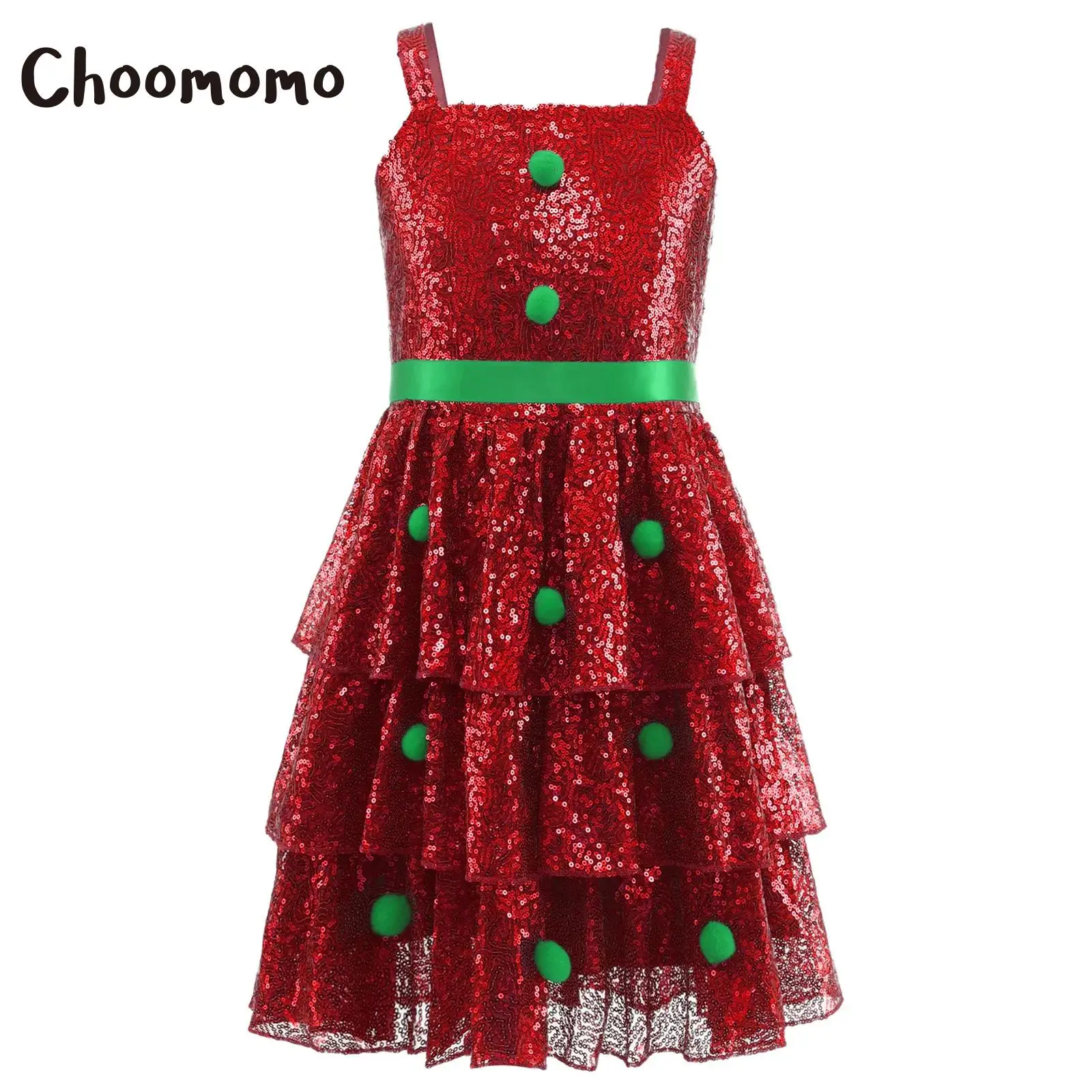 

Kids Girls Christmas Santa Dress Sequin Pompom Xmas Tree Sleeveless Ruffled Layered Dress with Waistbelt for Holiday Party Event