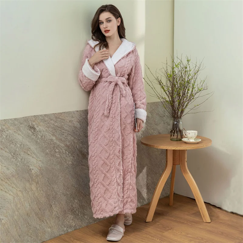 Thick Women Warm Bathrobe Solid Hooded Warm Ladies Dressing Gown Long Sleeve Flannel Bath Robe For Female