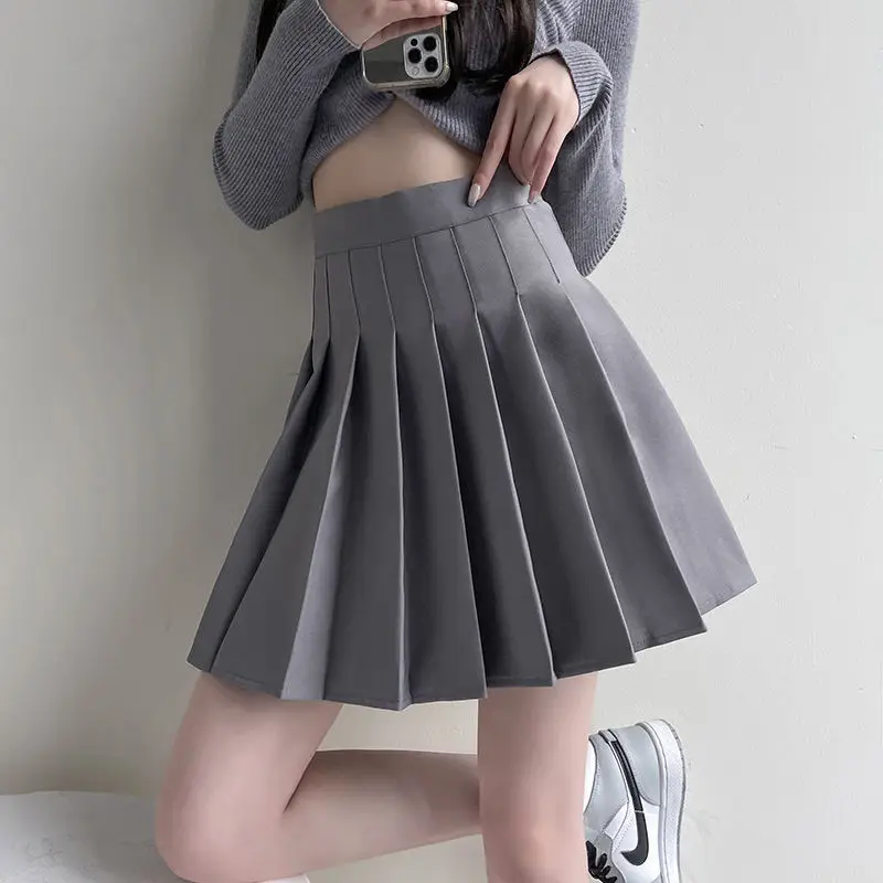 HOUZHOU Short Pleated Skirt Women Preppy Style High Waist A-line Sexy Cute Black Grey Mini Skirt Y2K Skort Casual School Uniform