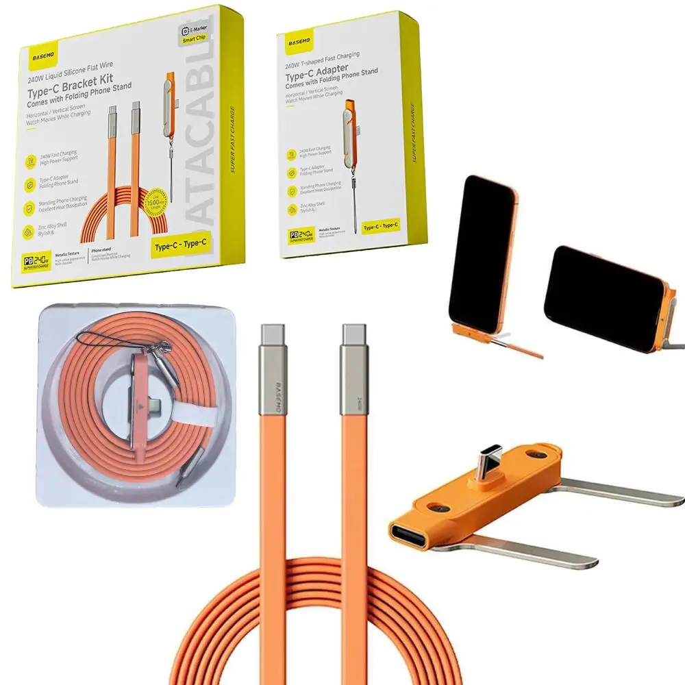 Kit de Suporte Tipo-C 240W, Cabo Plano de Silicone Líquido Tipo-C para Tipo-C com Carregamento Rápido / Adaptador Tipo C com Suporte Dobrável para Celular para Jogos