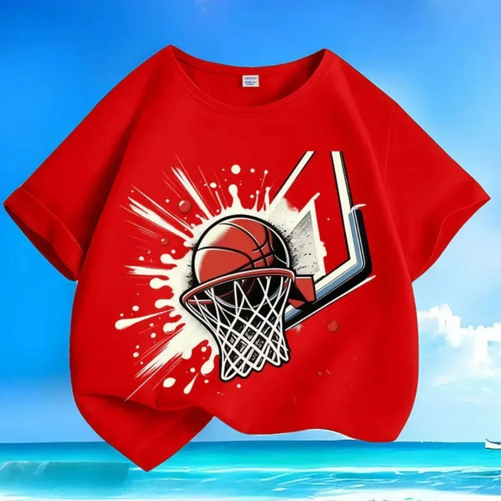 Boy Fashion Light Blue Short Sleeve T Shirt Dynamic Slam Dunk Basketball Ink Splash Street Sport Print Summer Versatile Tee