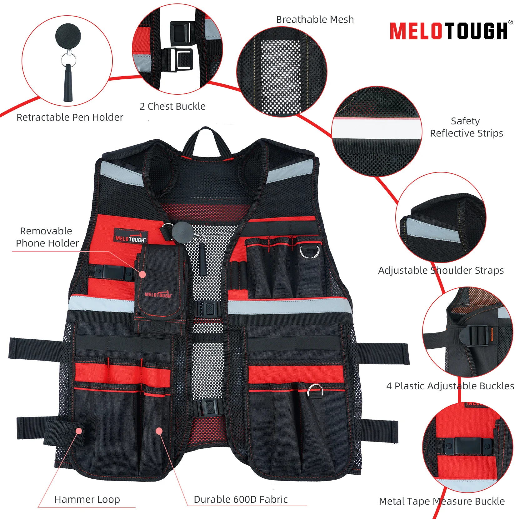 MELOTOUGH Tool Vest Reflective Safety Tool Vest with Removable Phone Holder for Electrician,Carpenter,Construction