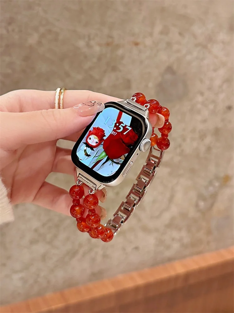 

22mm/20mm/18mm Red Natural Agate Beaded Fashion Strap for Huawei GT5/GT5 Pro/GT4/GT2/3/4