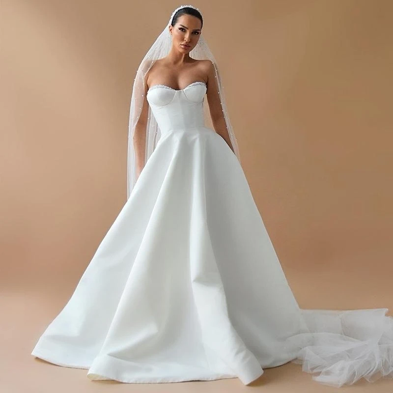 Elegante linha a vestidos de casamento 2023 querida beadings vestido de noiva com bolso branco personalizar para medidas elegante robe 2023