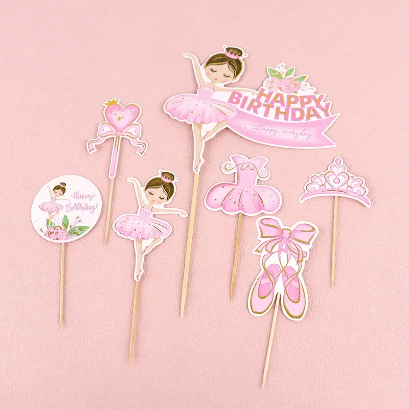 Pink Ballerina Girl Cake Topper Toppers Crown Dress Kids Happy Birthday Wedding Party Baby Shower Baking Cake Dessert DIY Decor