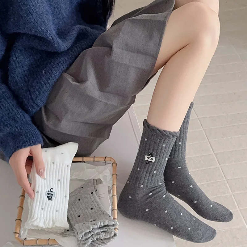 5 par damskich skarpetek Nowe trendy Haftowane, urocze skarpetki z kreskówkami Oddychające, długie, codzienne skarpetki damskie z bawełny w kropki Nowości