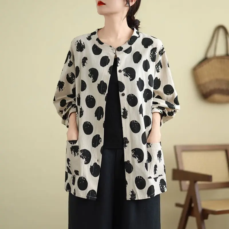 Vintage Sping Autumn New Women Clothing O-Neck Polka Dot Single Breasted Temperament Fashion Loose Long Sleeve Loog Shirts Tops