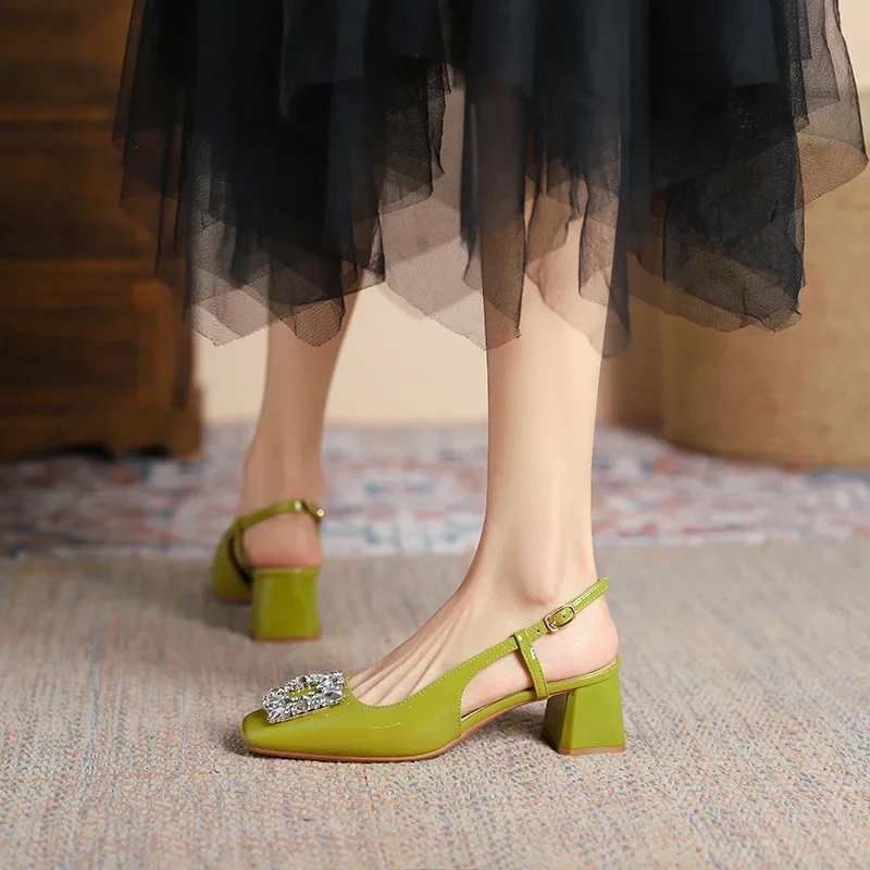 2025 Summer Elegant Slingback Sandals Women Rhinestone Buckle Back Strap Chunky Heel Square Toe 5cm High Heels