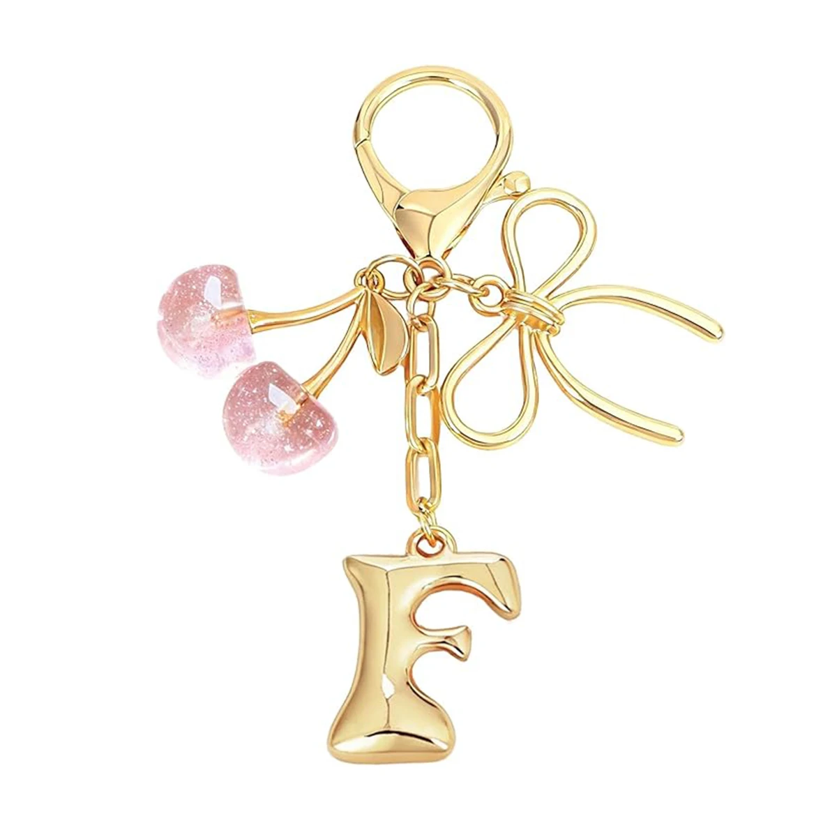 Gold Letter Bubble Initial Keychain with Bow & Cherry, Cute Handbag Accessory