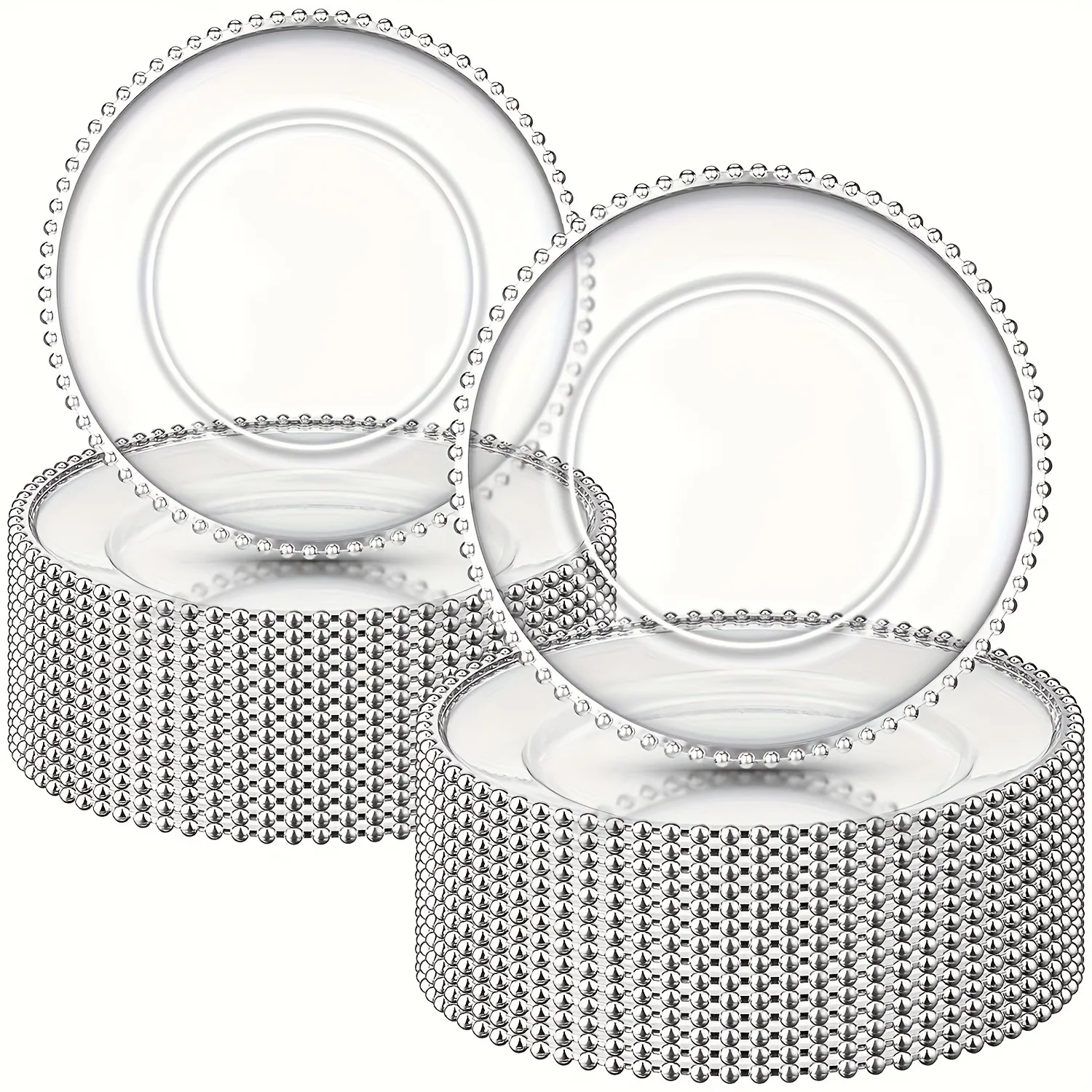 

50PC 13-inch round plastic plates, with beaded edges, are exquisite decorative plates suitable for use at parties, weddings, birthdays, and holiday table settings.