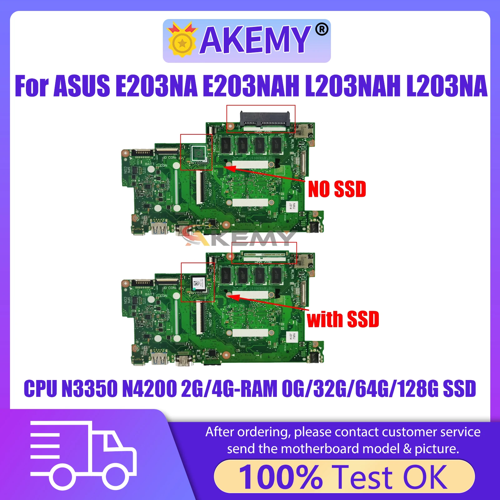 AKEMY E203NA Laptop Motherboard For ASUS E203NAH E203NAS L203NAH L203NA Mainboard CPU N3350 N4200 2G/4GB-RAM 0G/32G/64G/128G SSD