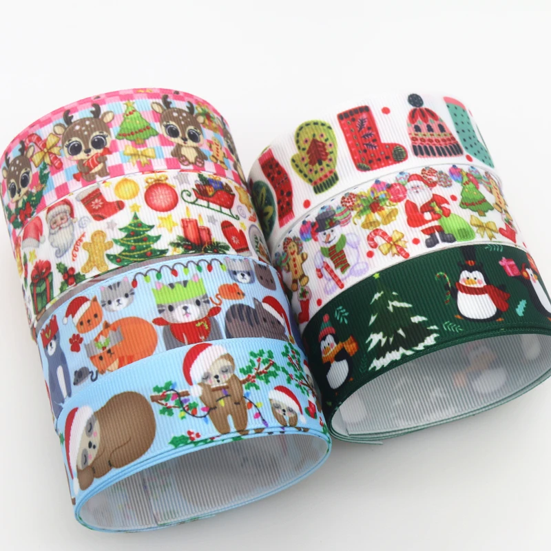 DUWES 50yards Christmas Cat Sloth Deer Printed Grosgrain Ribbon Accessory Hairbow Headwear Decoration DIY Wholesale OEM D1661