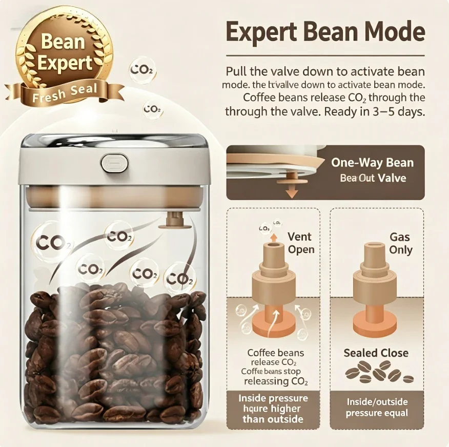 Premium Airtight Glass Coffee Canister with One-way CO2 Valve Freshness Tracker Coffee Bean Storage Container Home Kitchen Cafe