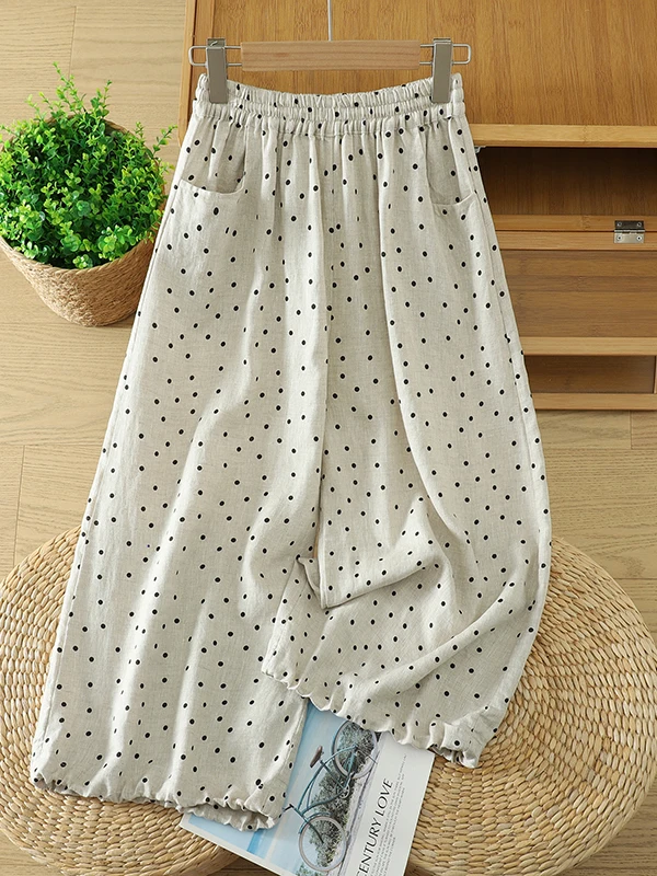 

Elegant Polka Dot Casual Pants Women's Loose Waist Wide Leg Pants Slimming Drapey Cuffed Korean Style High Waist Summer
